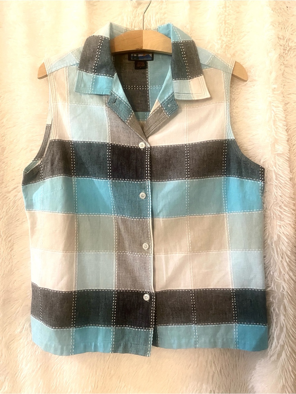 Vintage 90s -100% cotton Sleeveless Button-Down Plaid Shirt - Blue & Gray